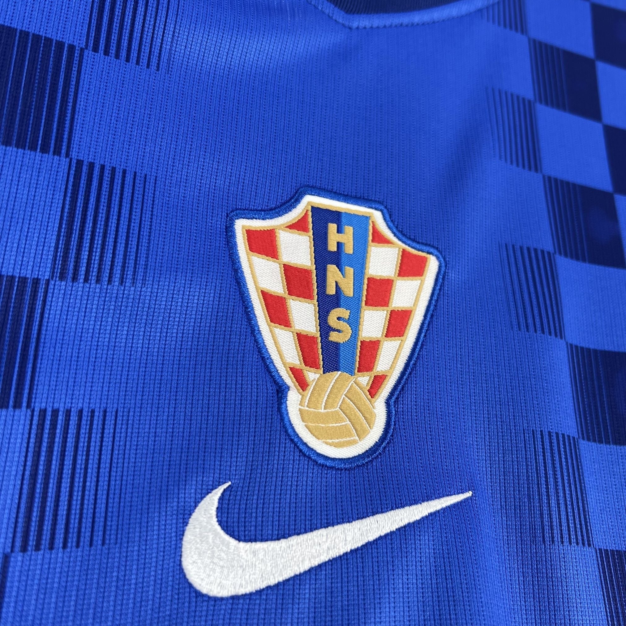 Leazofoot blue Croatia 2026 away jersey with checkered crest and Nike logo.