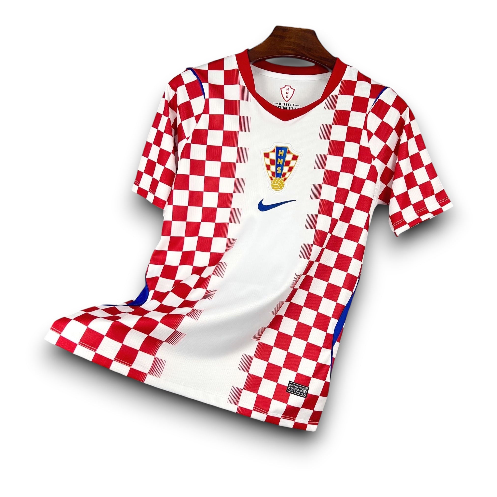 Leazofoot Croatia 2026 home soccer jersey with red and white checkerboard pattern and blue accents.