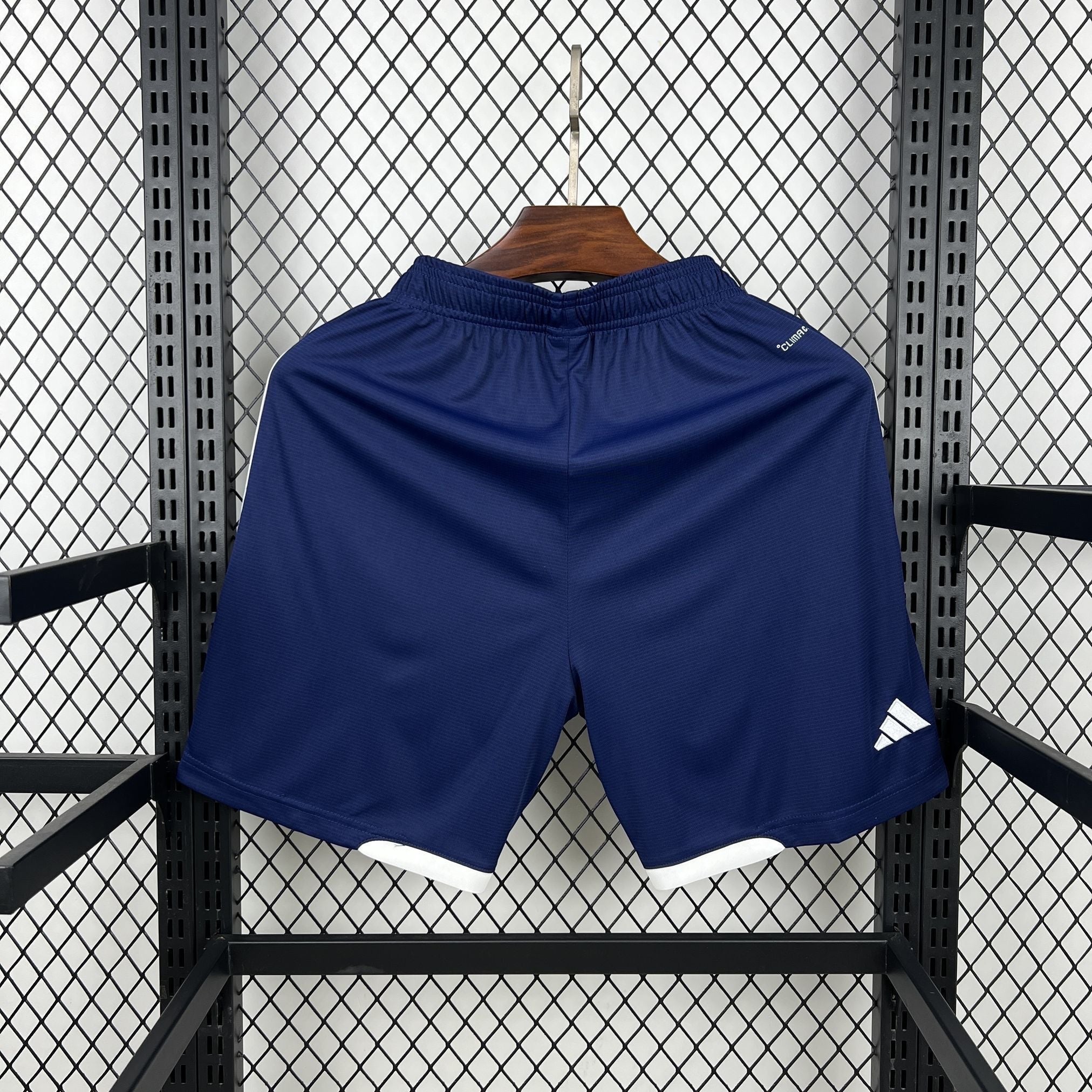 Leazofoot ÉCOSSE 2026 navy blue soccer shorts with white trim and Adidas logo.