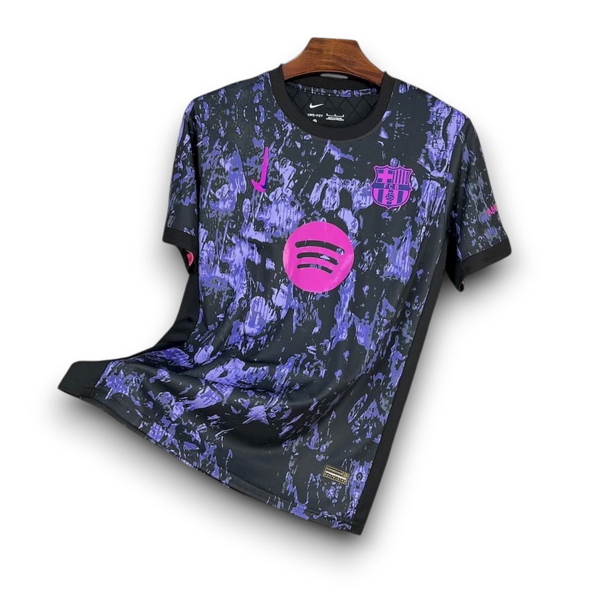 Leazofoot FC Barcelona 25/26 concept jersey in black and purple with pink accents and Spotify sponsor logo.