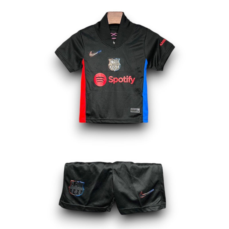Leazofoot FC Barcelona 2024-2025 kids away kit in black with red and blue side accents and sponsor logos