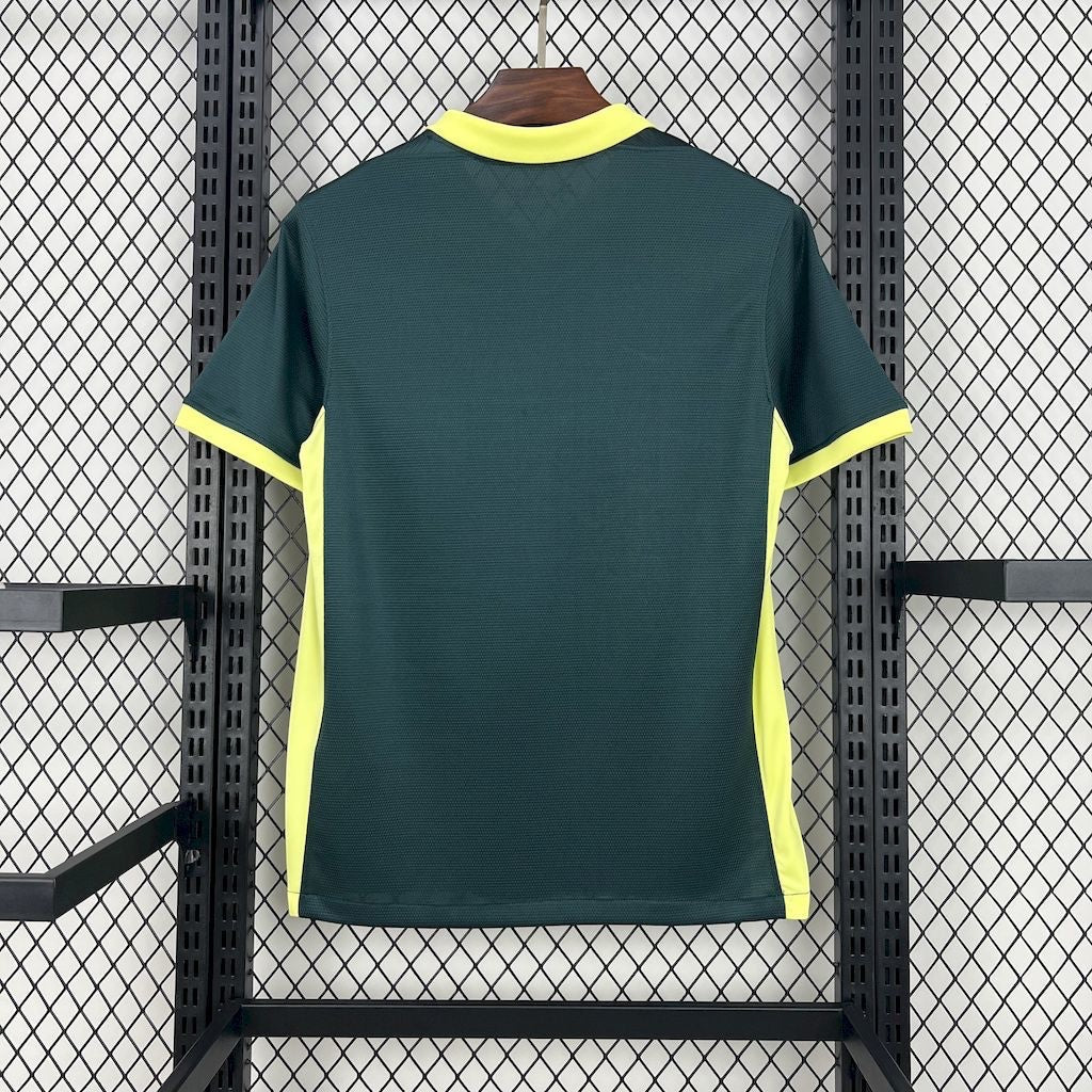 Back view of Leazofoot FC Barcelona 24/25 training jersey in dark green with bright yellow collar and side panels.