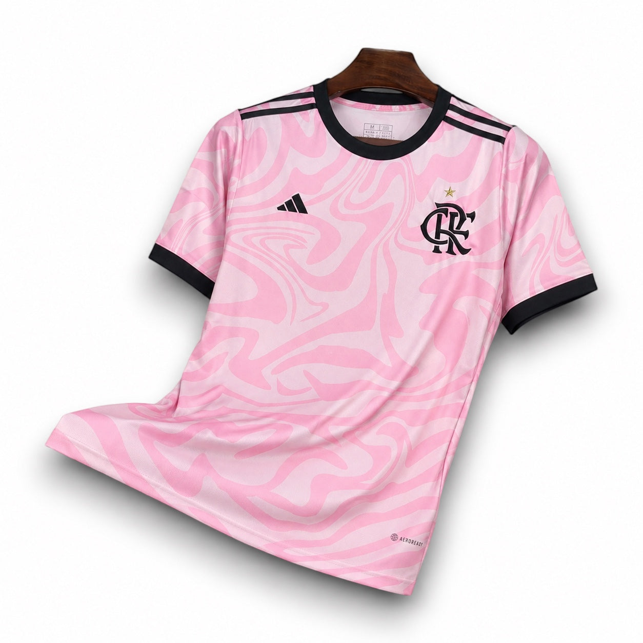 Leazofoot Flamengo 23/24 concept football jersey in pink with a wavy abstract pattern and black trim details.