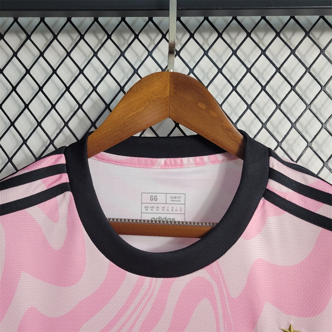 Leazofoot Flamengo 23/24 concept football jersey in pink with abstract wavy patterns and black crew neck collar