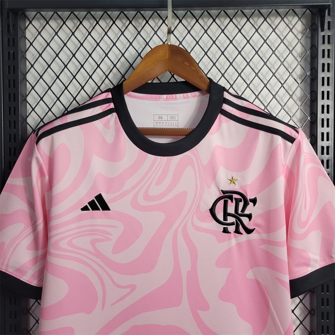 Leazofoot Flamengo 23/24 concept football jersey in pink with black trim and a unique swirling marble pattern