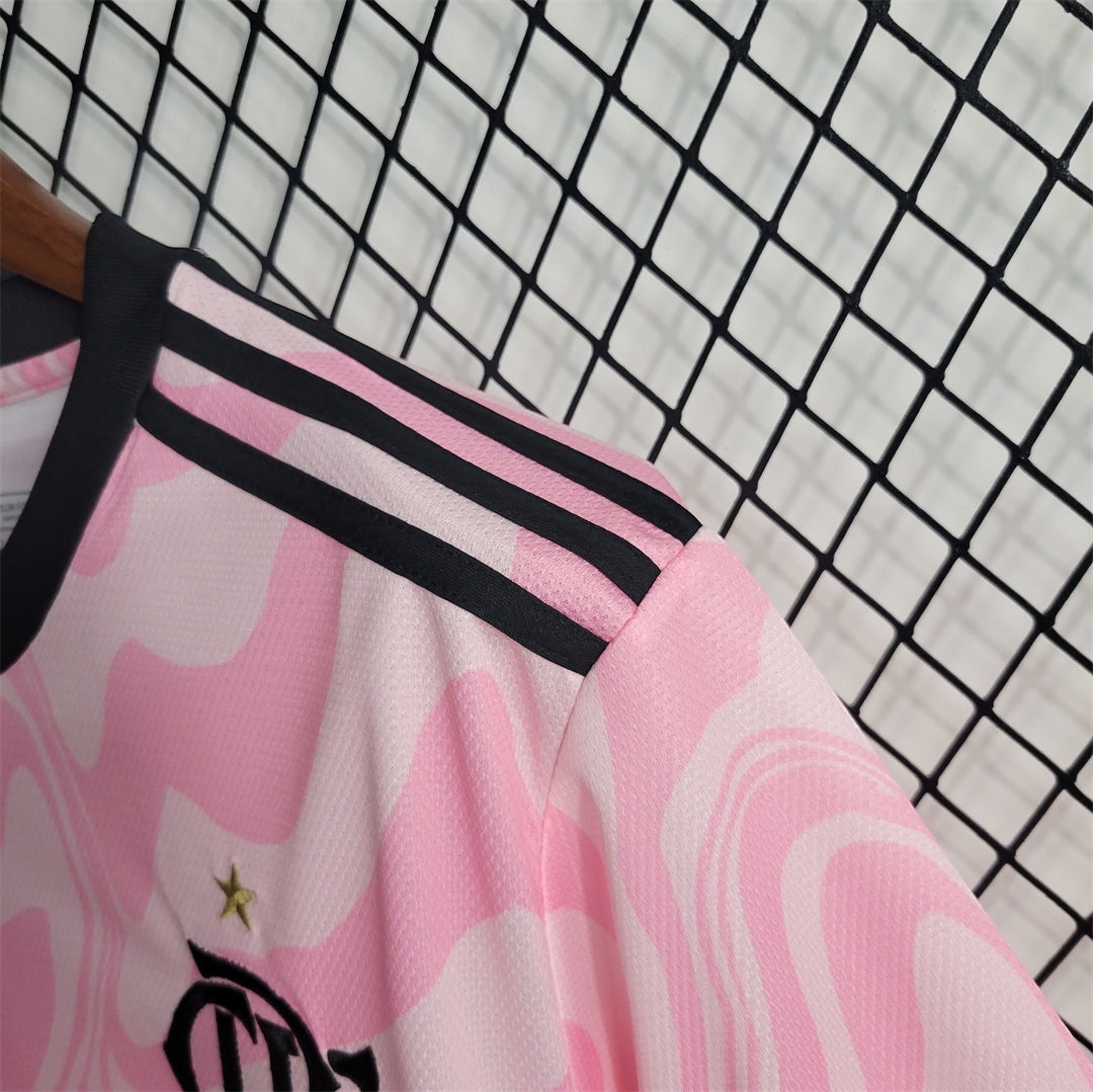 Leazofoot Flamengo 23/24 concept football jersey in pink with abstract swirl pattern and black shoulder stripes