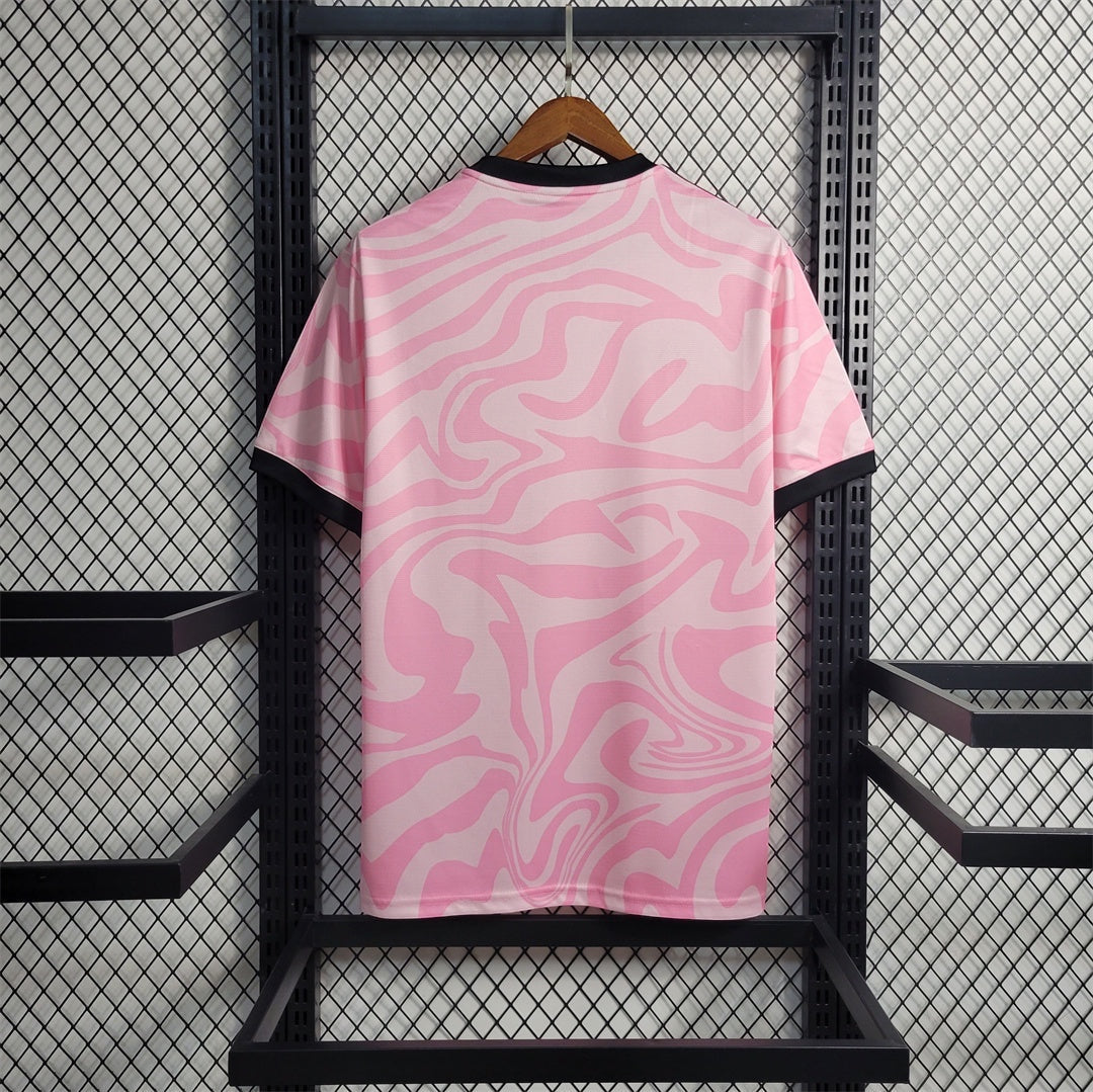Leazofoot Flamengo 23/24 concept football jersey in pink and white with a wavy marble pattern and black trim