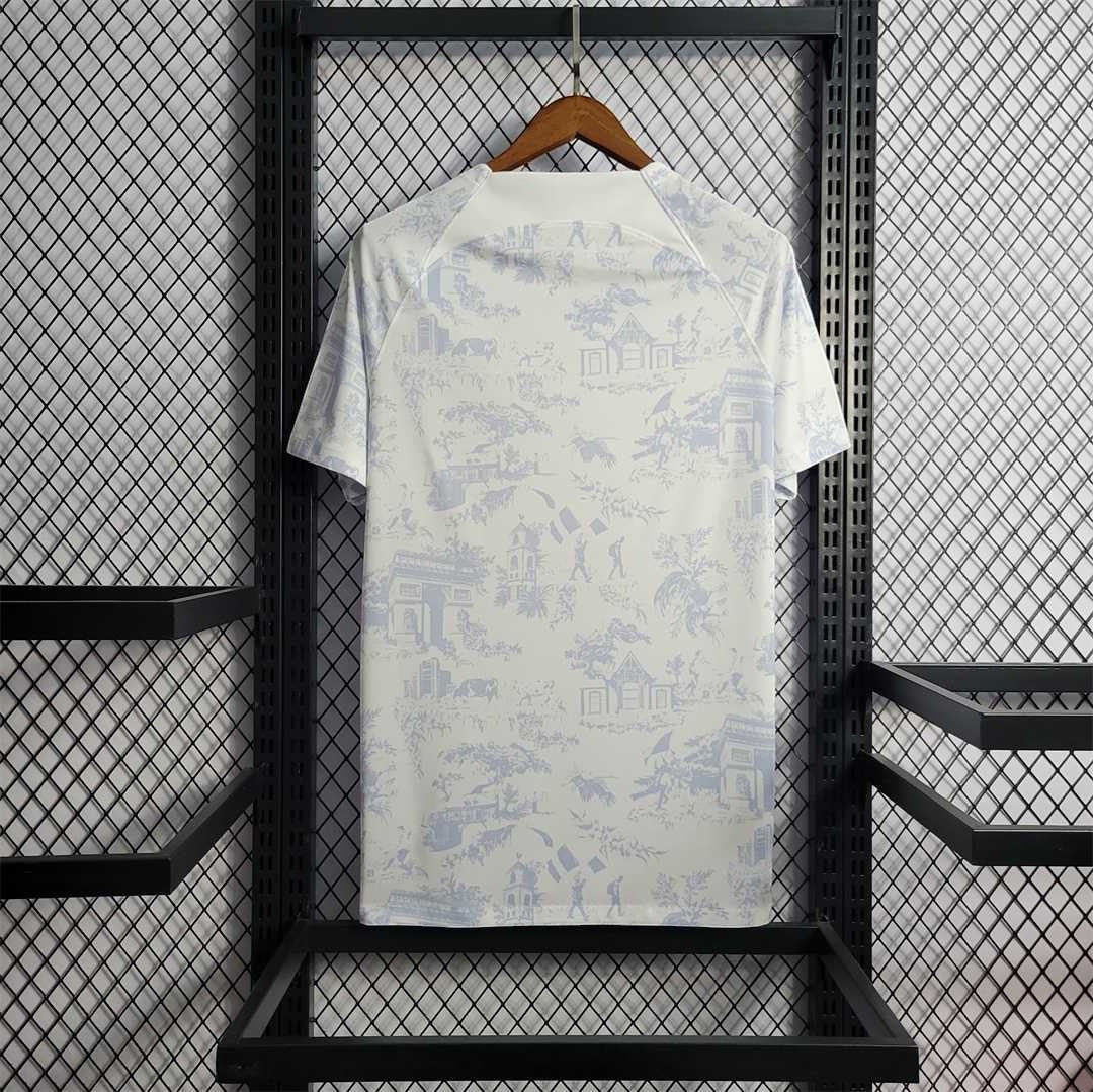 Leazofoot France 2022 away jersey featuring a white and light blue toile de jouy print with French landmarks.