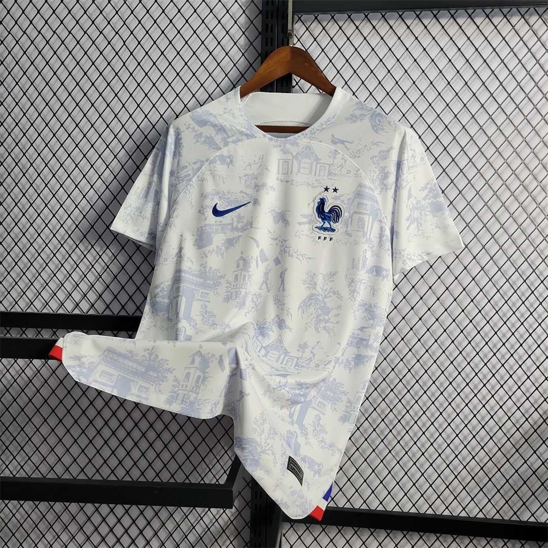 Leazofoot France 2022 away soccer jersey in white with blue toile de jouy pattern and team crest