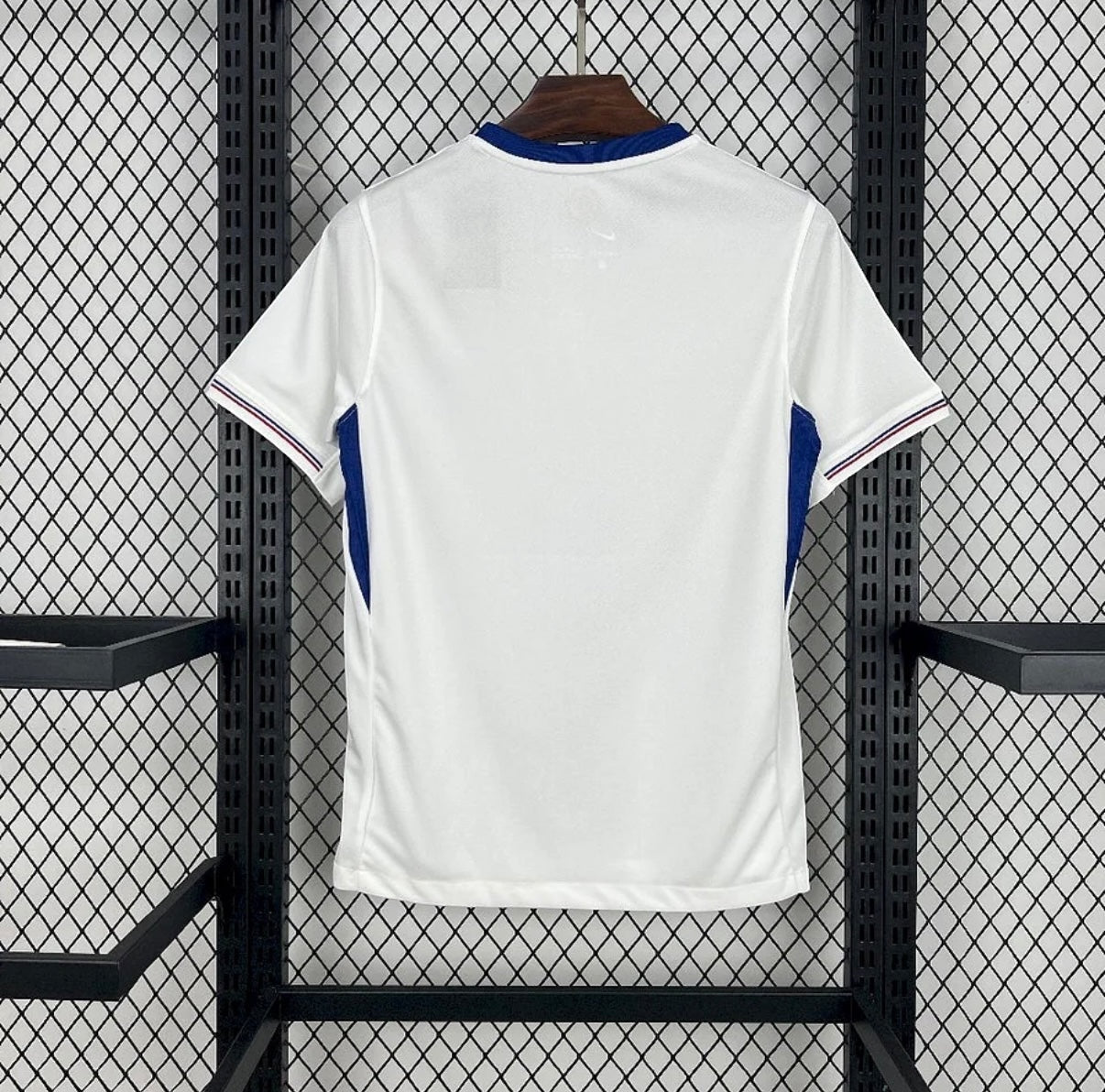 Leazofoot France 2025 away jersey in white with blue side panels and tricolor sleeve trim, back view