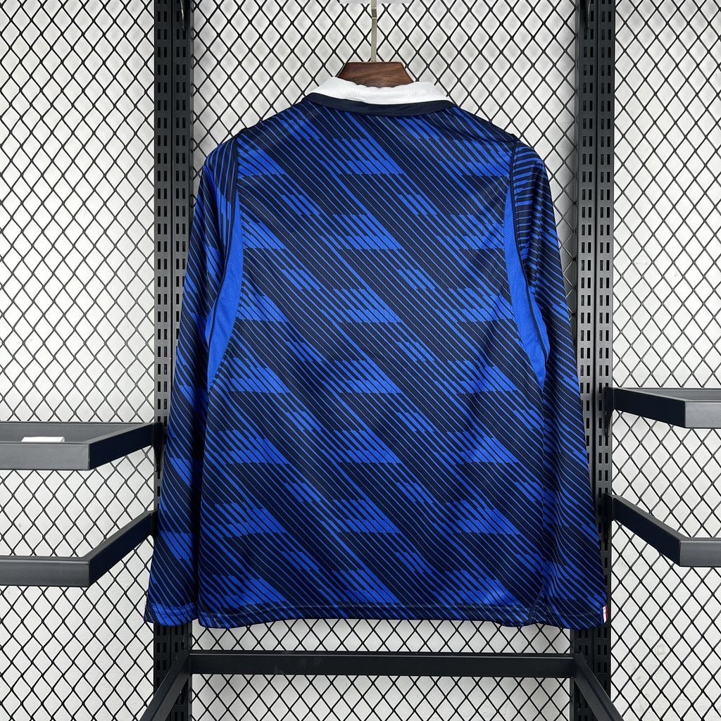 Leazofoot France 2026 home long-sleeve football jersey in blue with a geometric diagonal stripe pattern