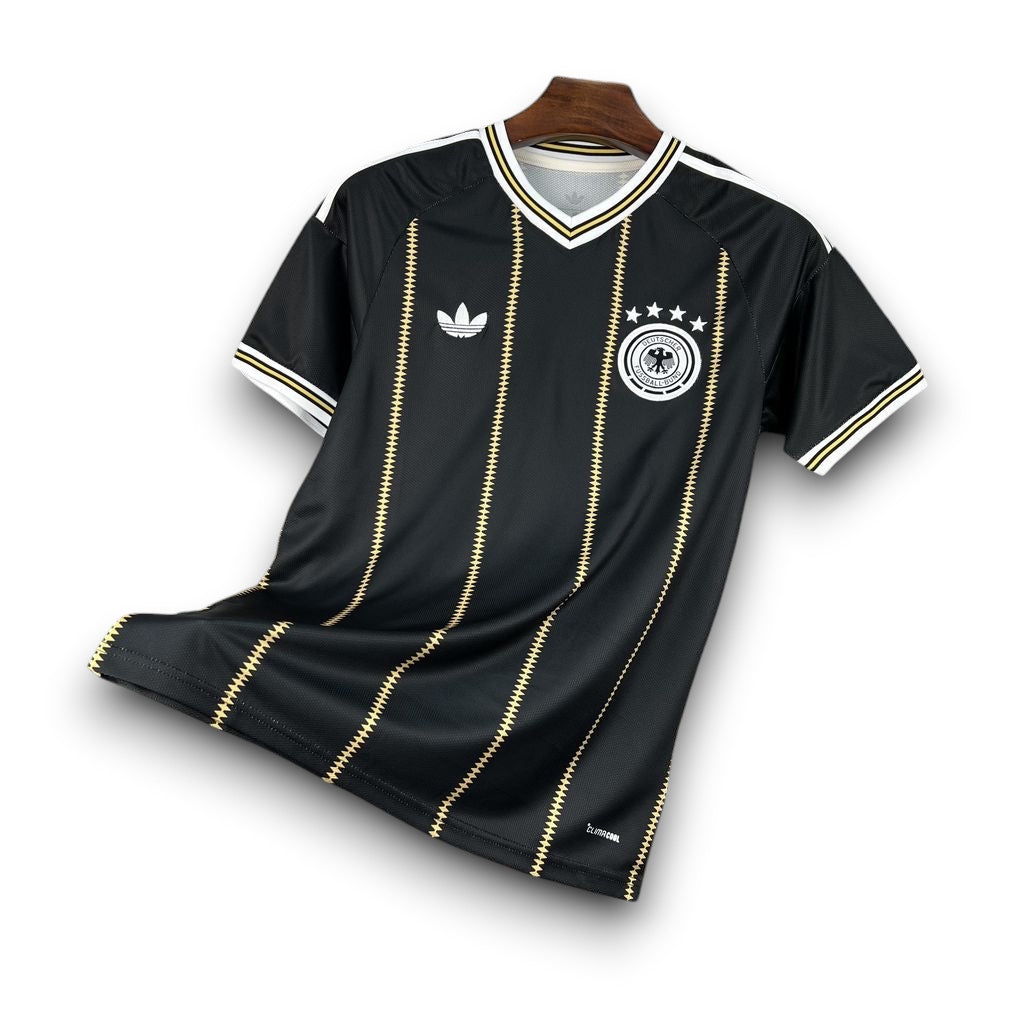 Leazofoot Germany 2026 third soccer jersey in black with gold vertical pinstripes and white trim details.