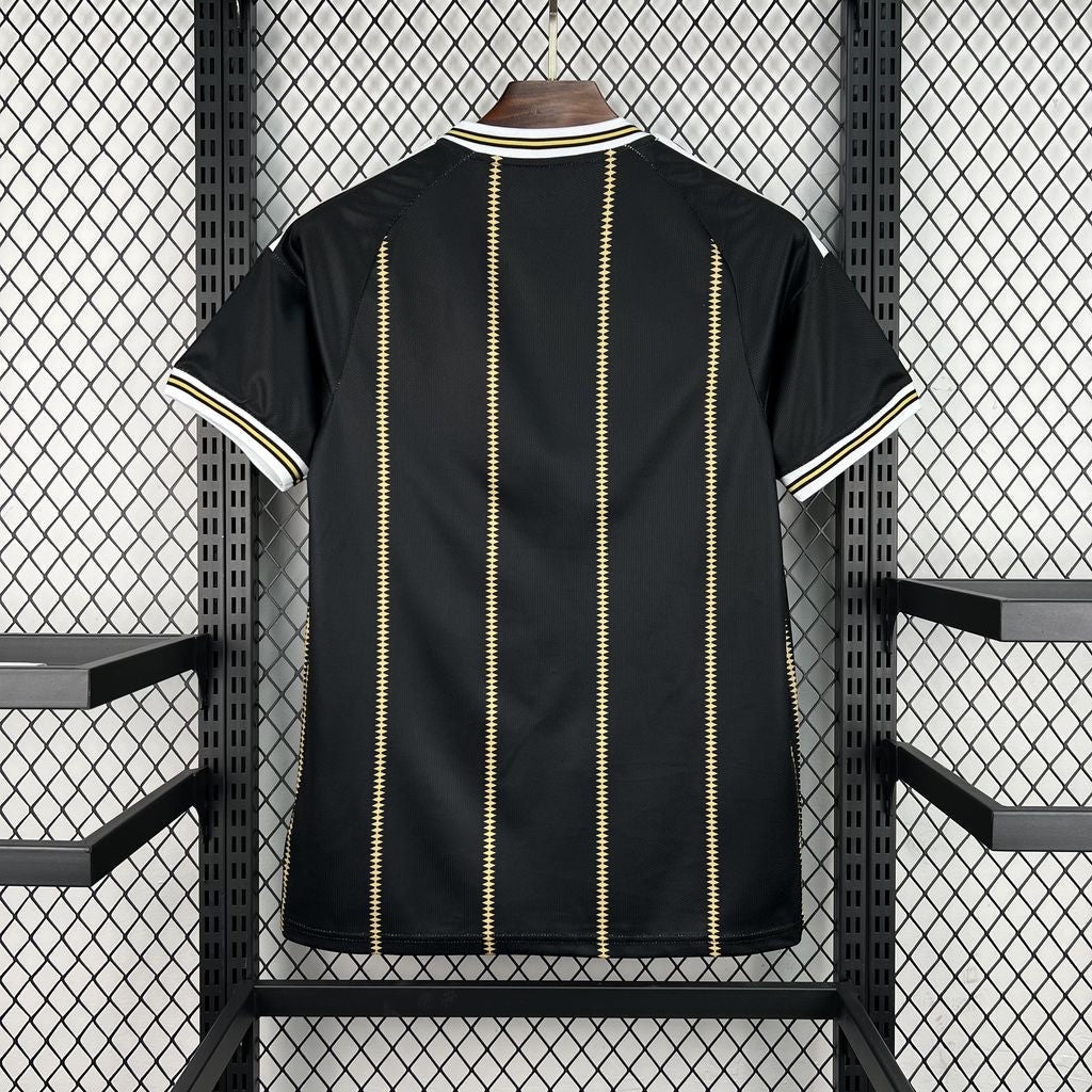 Leazofoot Germany 2026 third soccer jersey in black with gold vertical pinstripes and white trim on collar and sleeves.