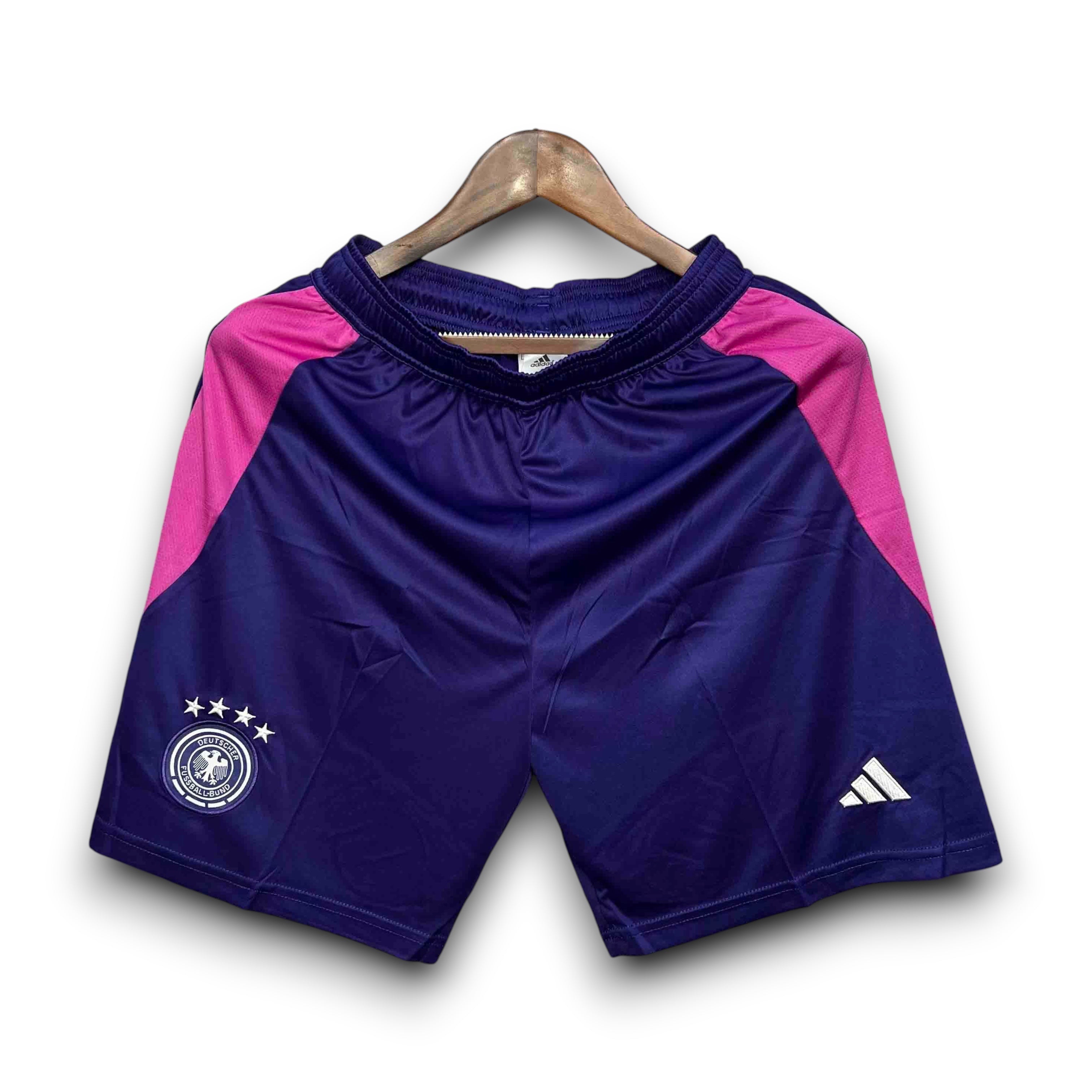 Leazofoot Germany 2024 away football shorts in purple with pink side panels and team crest