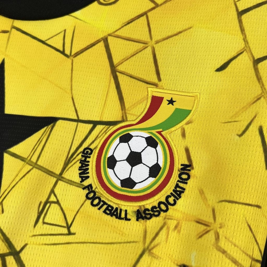 Leazofoot Ghana 2026 away football jersey in yellow with black geometric pattern and Ghana Football Association crest