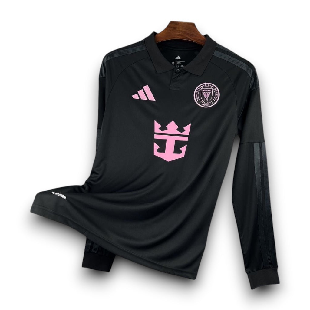 Leazofoot Inter Miami 26/27 long-sleeve away jersey in black with pink accents and polo collar