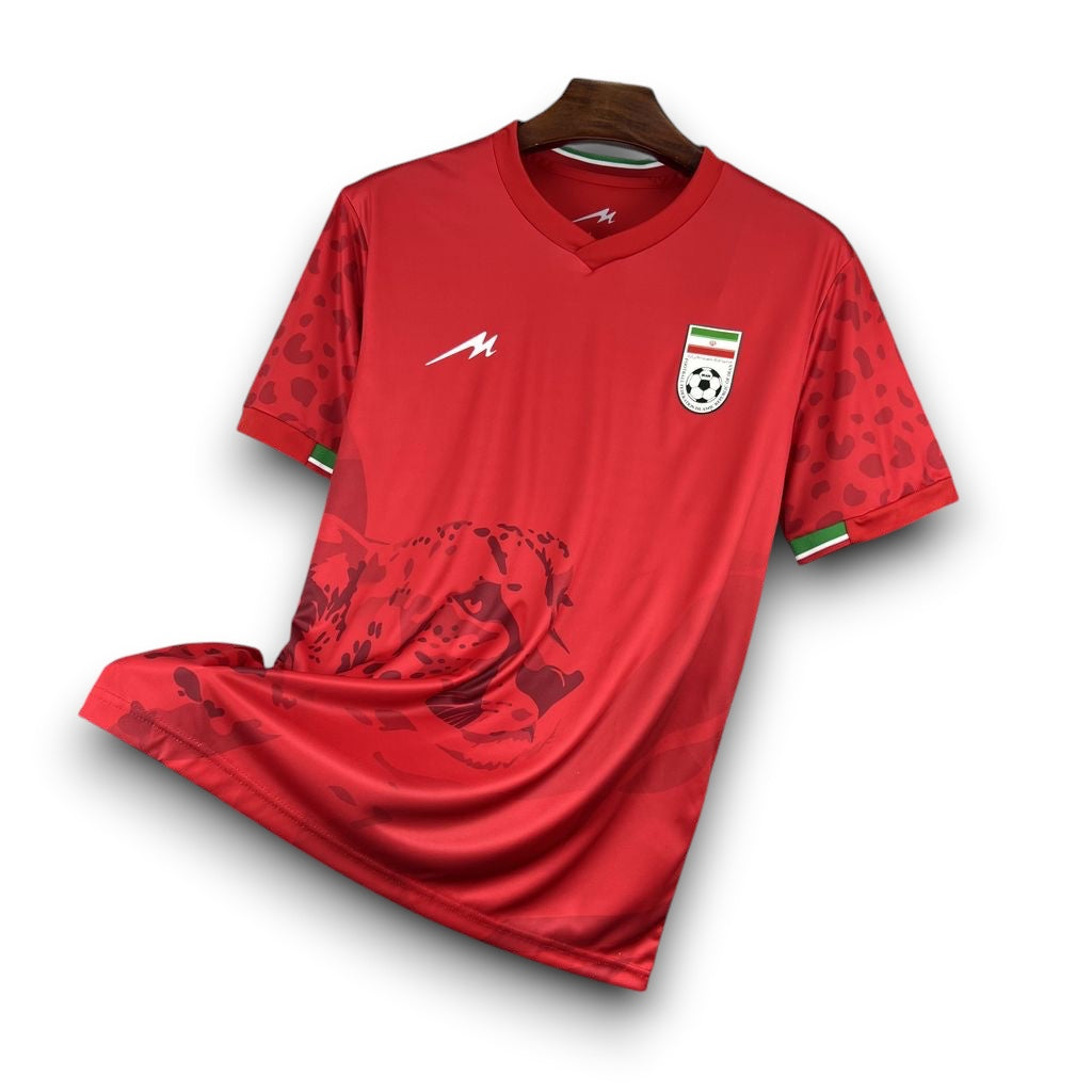 Leazofoot Iran 2026 away football jersey in red with leopard print pattern, V-neck, and national team crest.