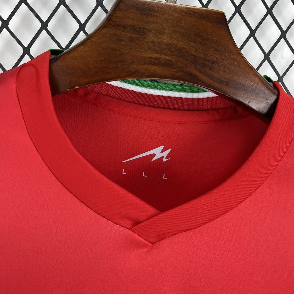 Leazofoot Iran 2026 away soccer jersey in red with green and white collar trim and v-neck design.