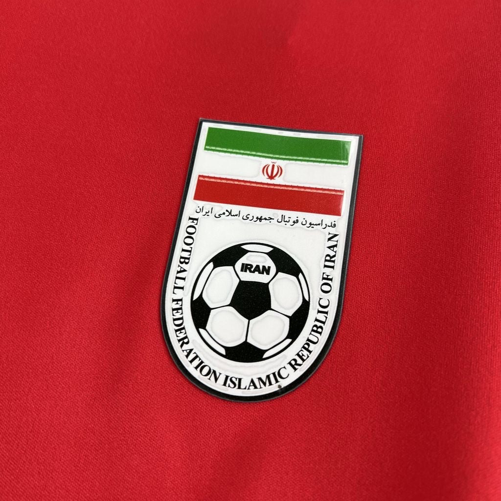Leazofoot Iran 2026 away jersey featuring the official Football Federation Islamic Republic of Iran crest on red fabric