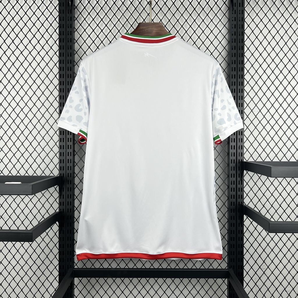 Leazofoot Iran 2026 home soccer jersey in white with green and red trim and subtle leopard print sleeves.