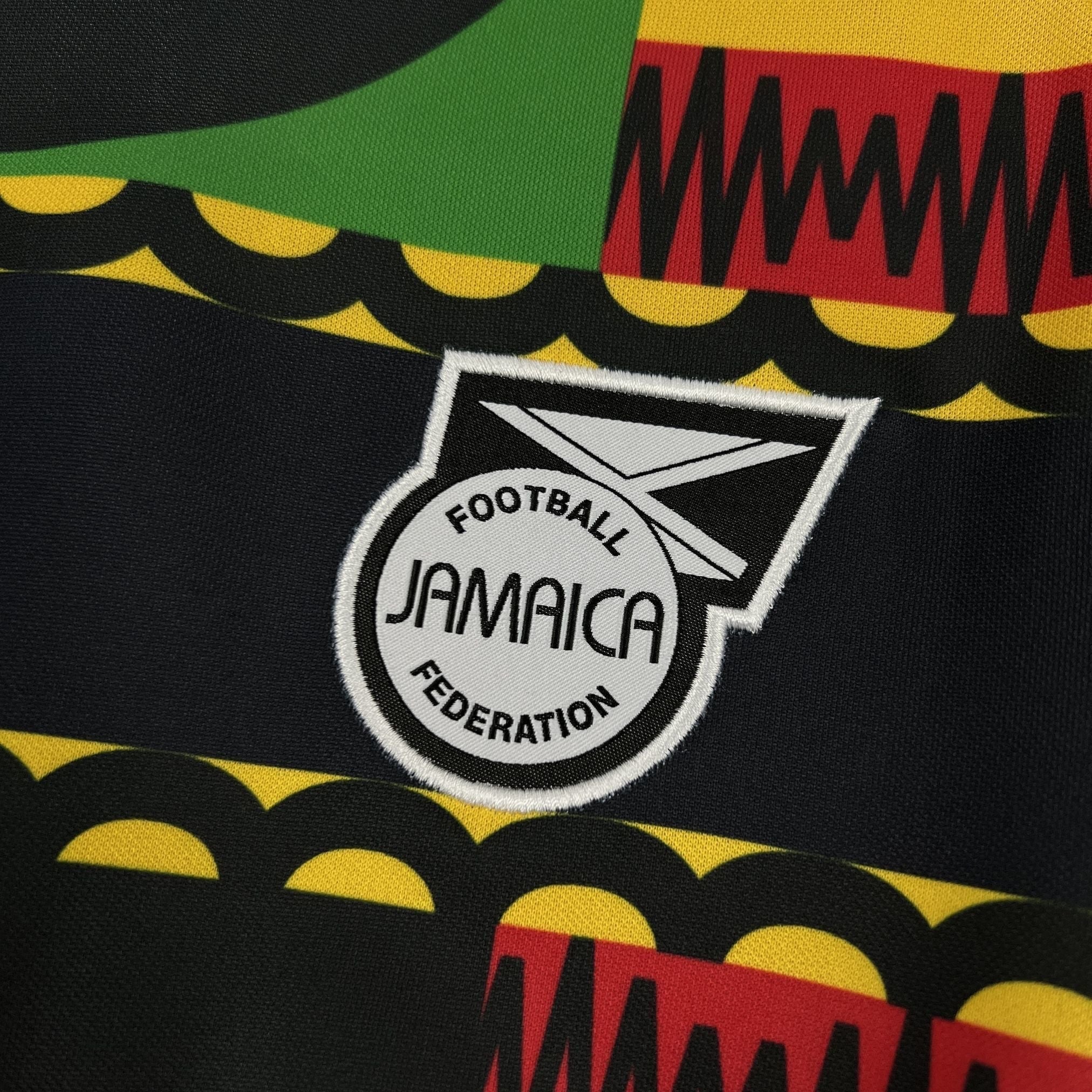 Leazofoot Jamaica 2026 concept football jersey featuring a black, green, yellow, and red patterned fabric and crest.