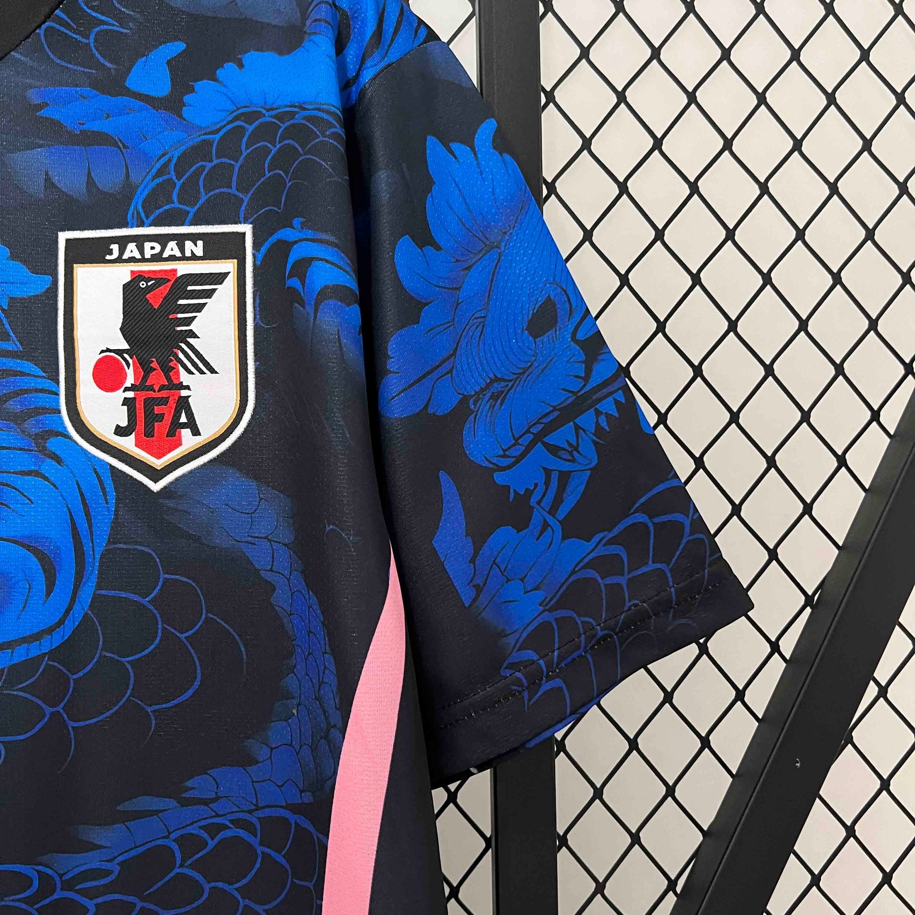 Leazofoot Japan 2024 concept football jersey featuring a black and blue dragon graphic print and JFA team crest.