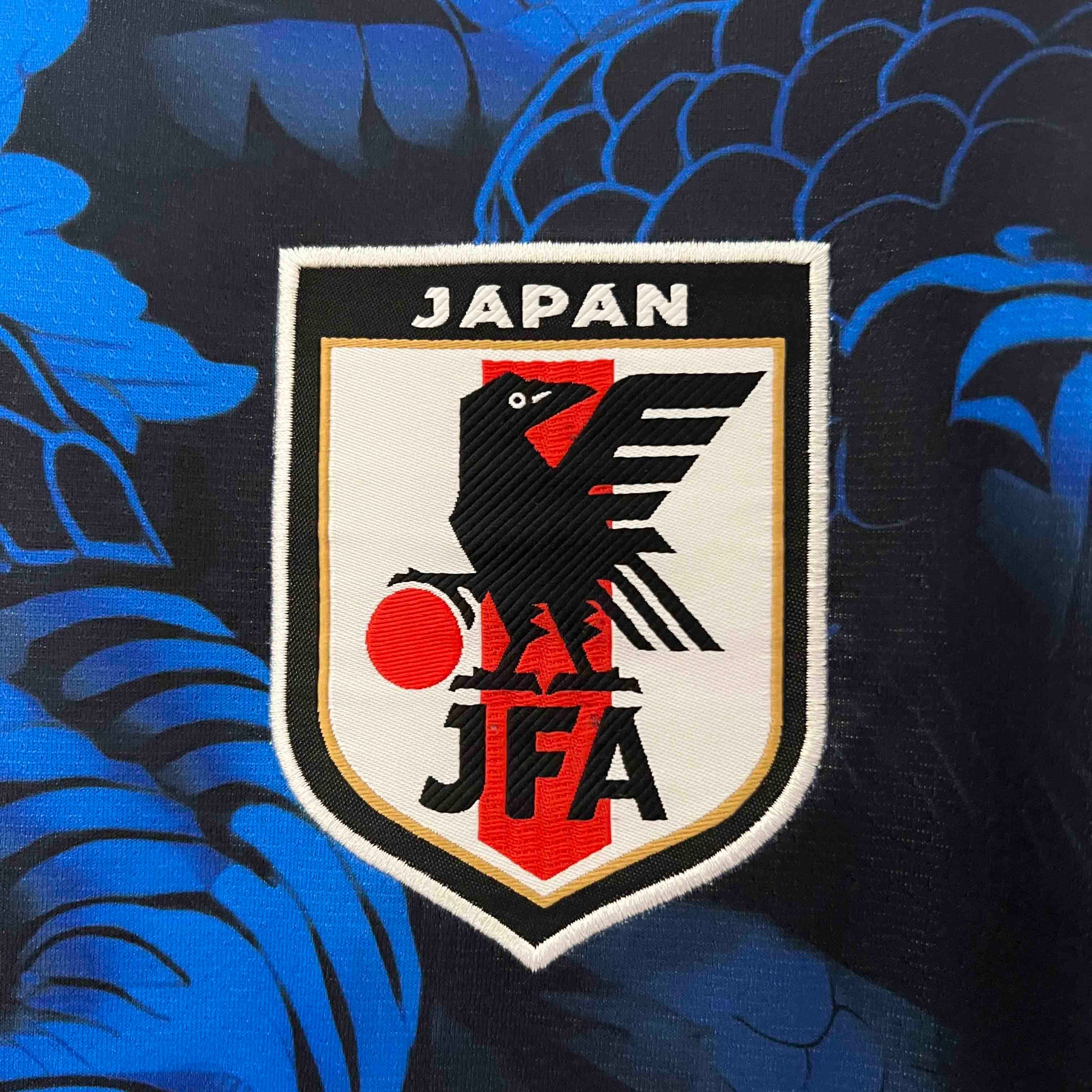Leazofoot Japan 2024 concept football jersey featuring the JFA crest with a black crow on a blue floral pattern background