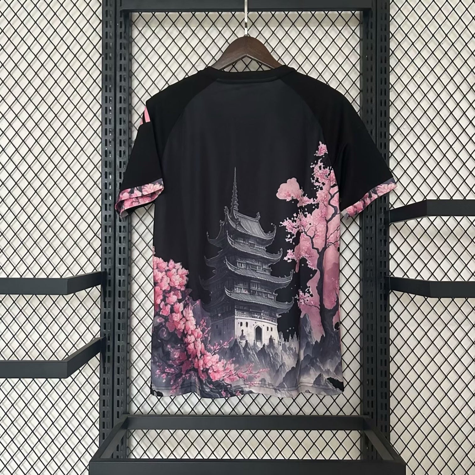 Leazofoot Japan 2024 concept football jersey featuring a black pagoda and pink cherry blossom graphic print