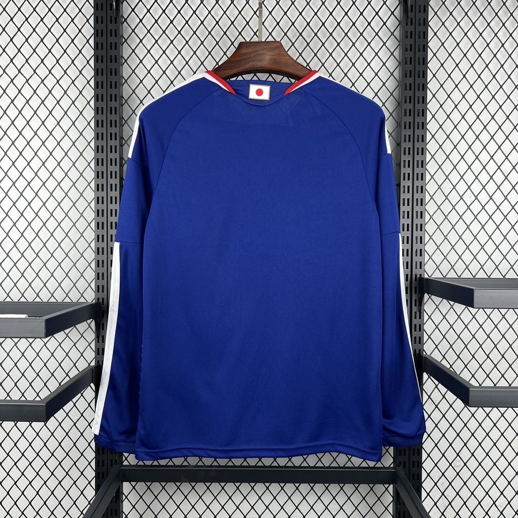 Leazofoot Japan 2026 home long sleeve football jersey in blue with white side stripes and red collar detail