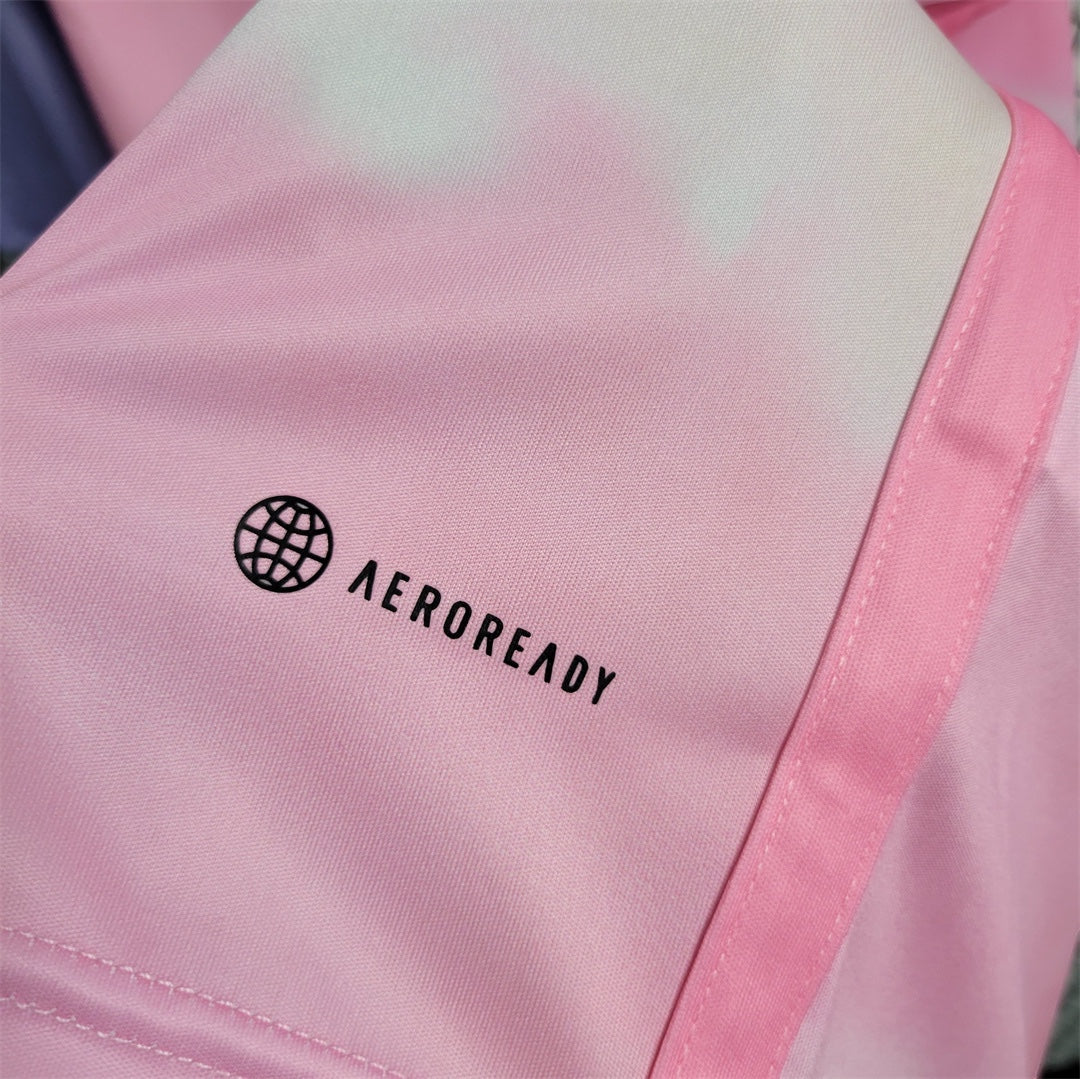 Leazofoot Japan 25/26 special edition football jersey in pink and white with Aeroready moisture-wicking fabric.