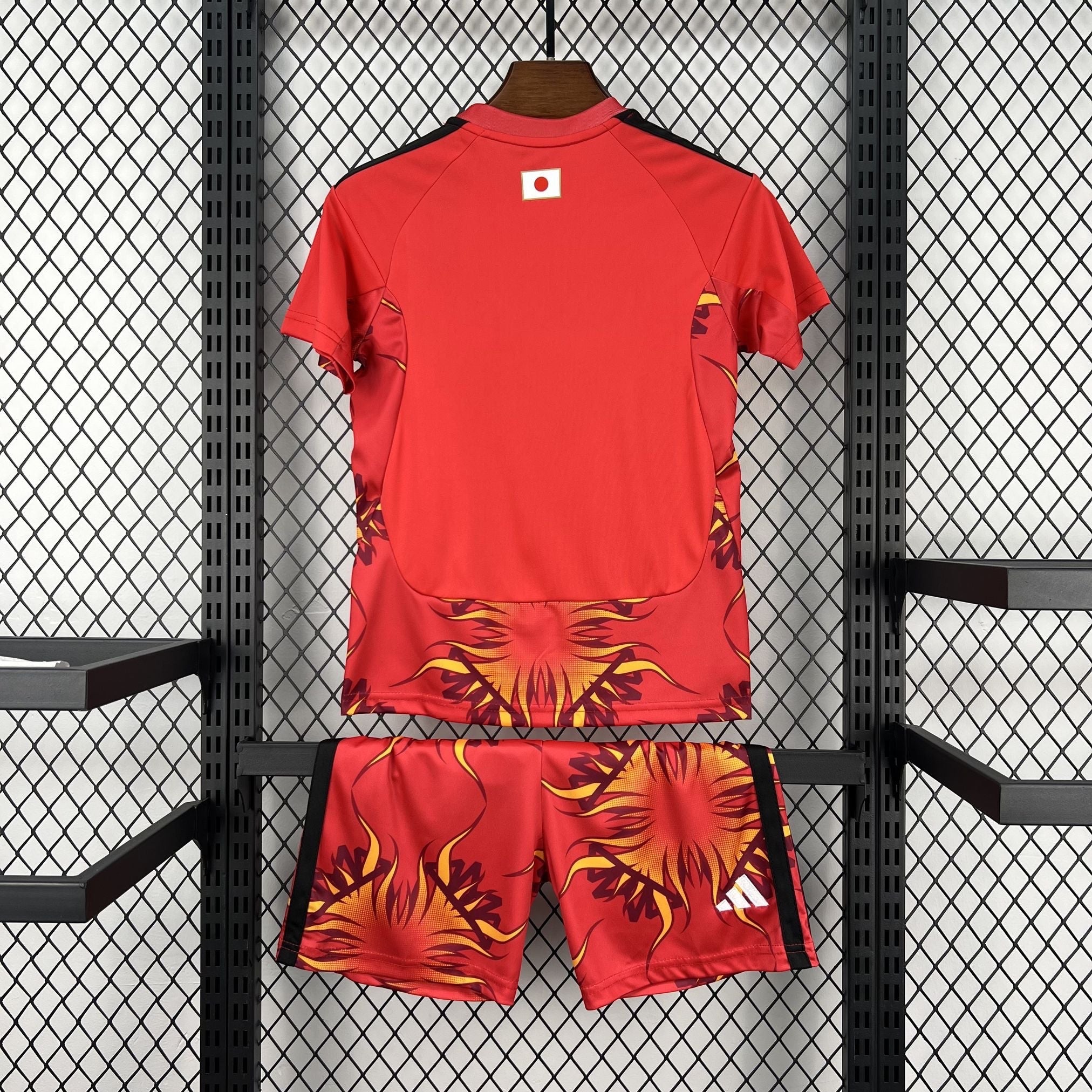 Leazofoot Japan goalkeeper kids' soccer jersey and shorts set, red with flame graphic and Japan flag detail.