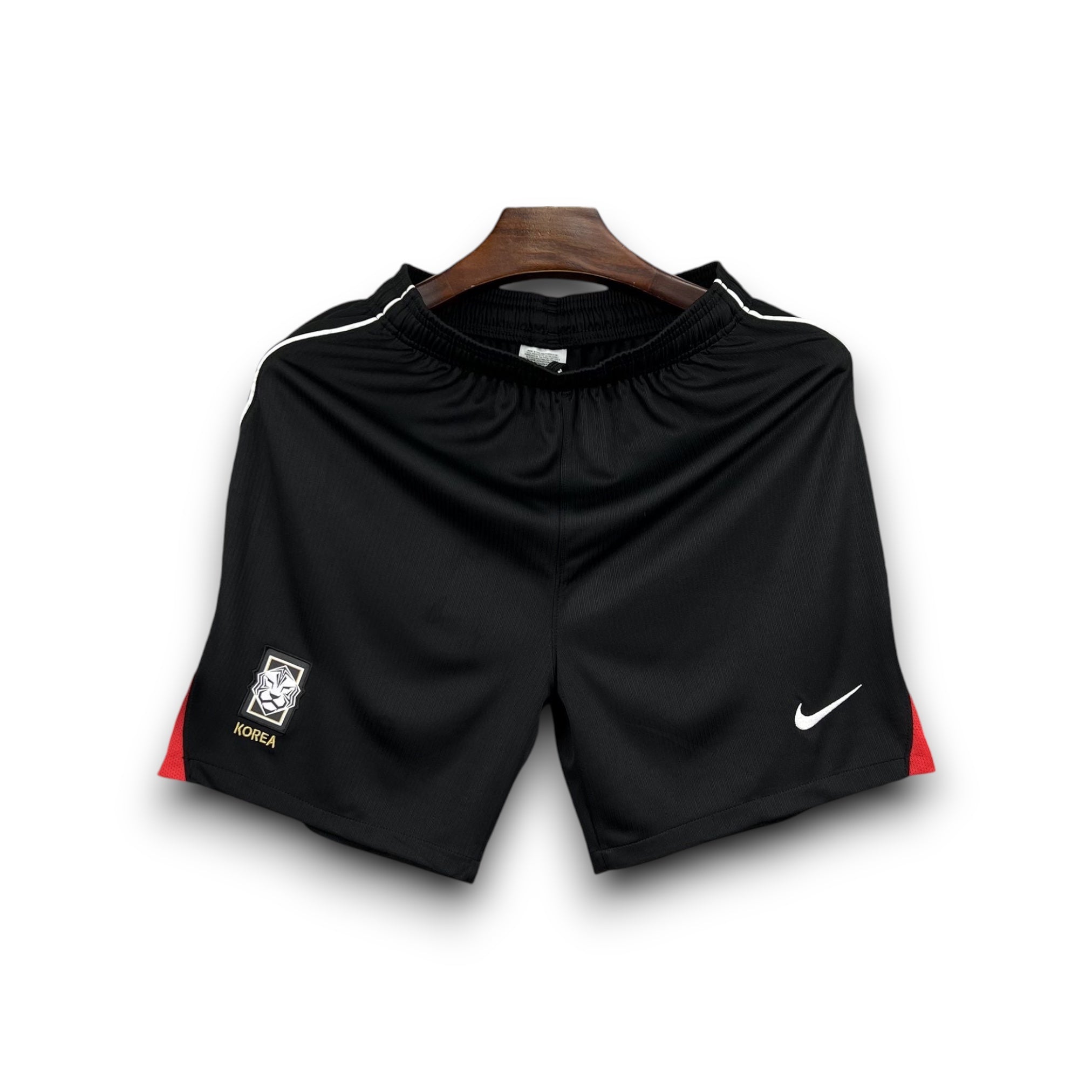 Leazofoot black soccer shorts with white trim and Korea crest detail. Nike logo on right leg.