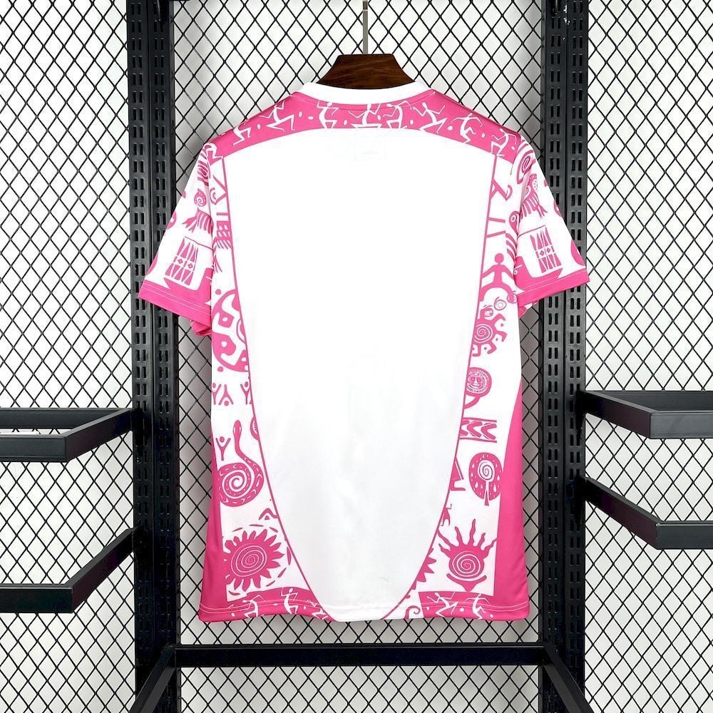 Leazofoot Mexico 2026 concept football jersey in white and pink with intricate cultural graphic patterns.