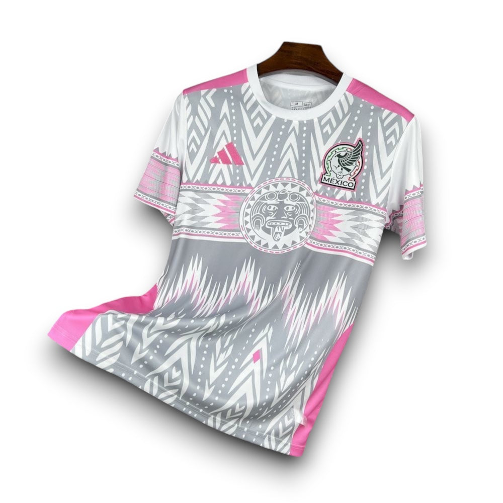 Leazofoot Mexico 2026 concept soccer jersey in white, grey, and pink with Aztec-inspired patterns and team crest.