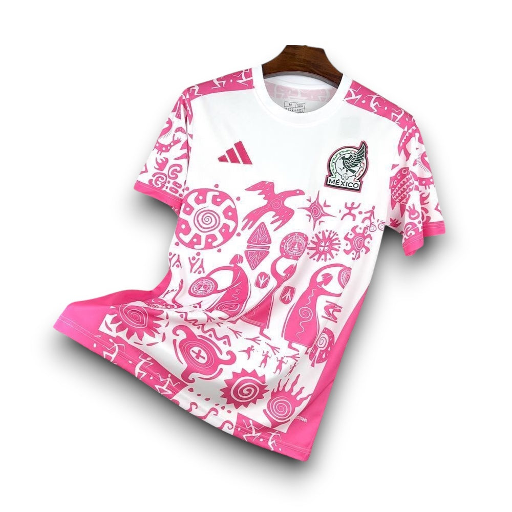 Leazofoot Mexico 2026 concept soccer jersey in white and pink with intricate cultural graphic patterns.