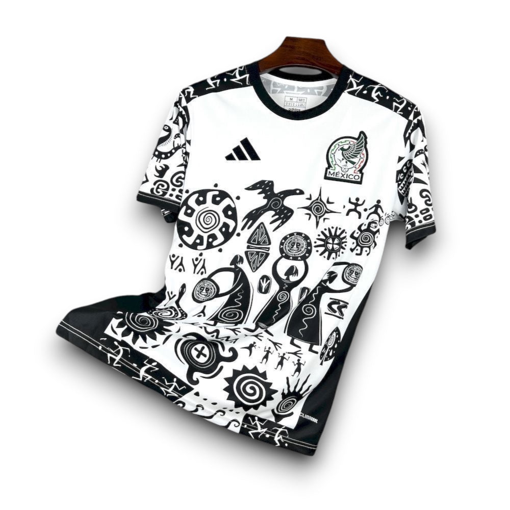 Leazofoot Mexico 2026 concept soccer jersey in white and black with intricate tribal and cultural graphic patterns.