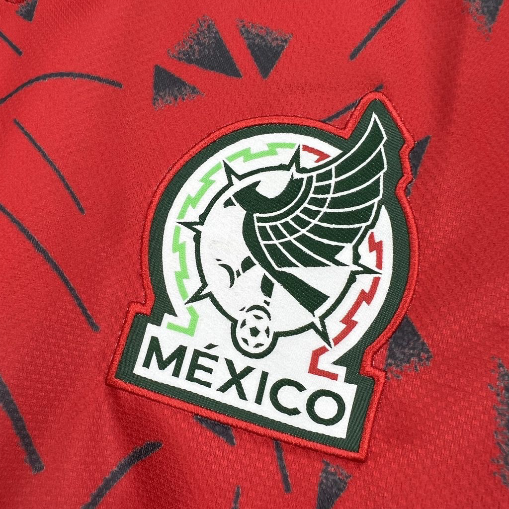 Leazofoot Mexico 2026 pre-match soccer jersey in red with a detailed embroidered national team crest