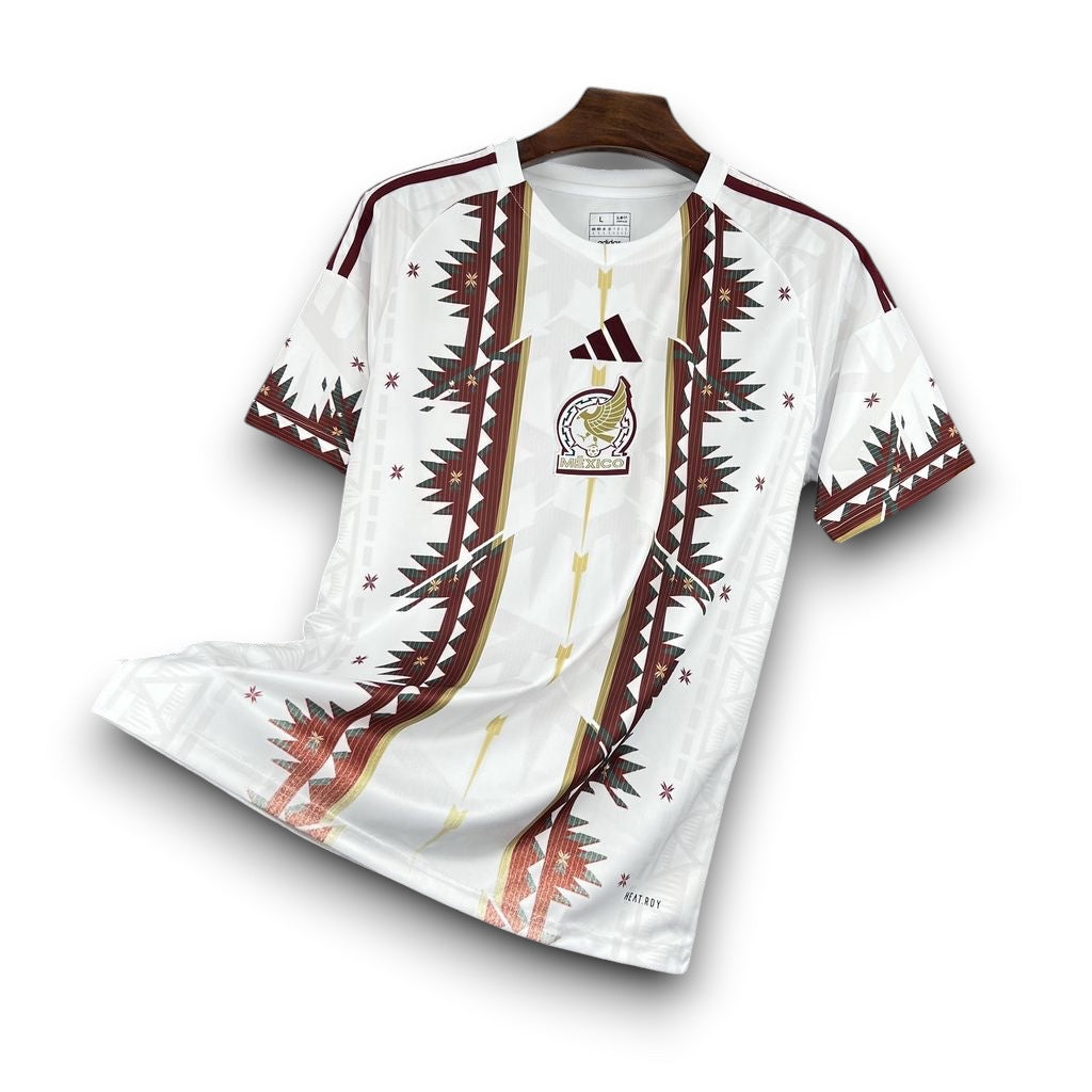 Leazofoot Mexico 26/27 concept soccer jersey in white with burgundy and gold Aztec-inspired geometric patterns.