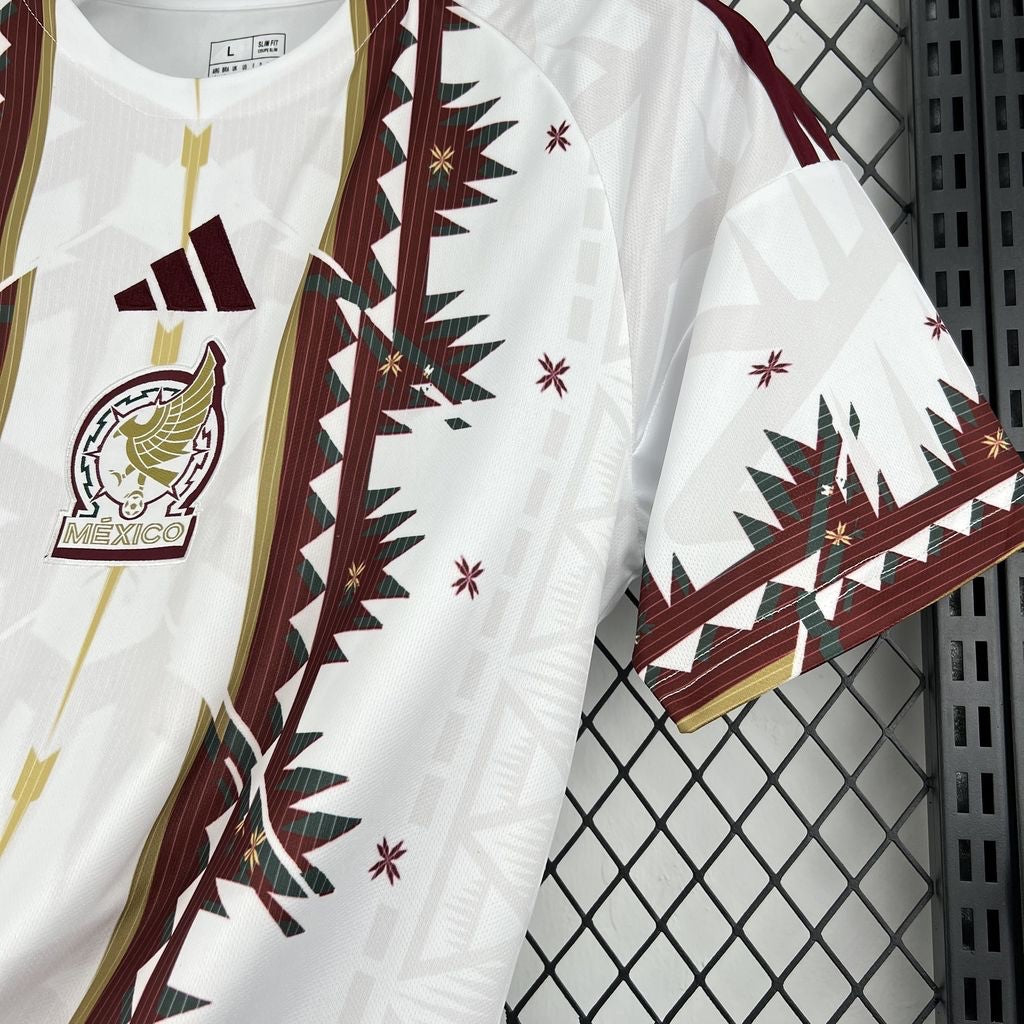 Leazofoot Mexico 26/27 concept soccer jersey in white with burgundy and gold Aztec-inspired geometric patterns.