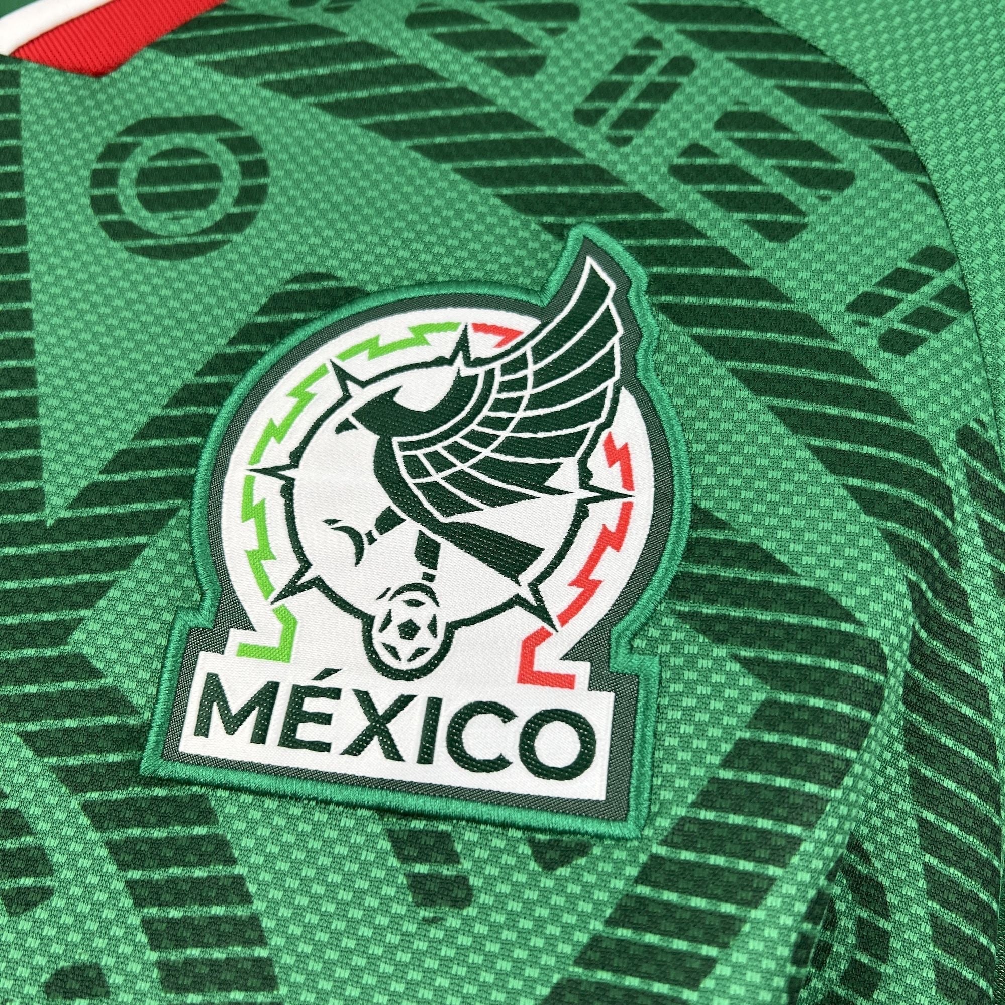 Leazofoot Mexico 2026 home jersey with green and black geometric pattern and embroidered crest.