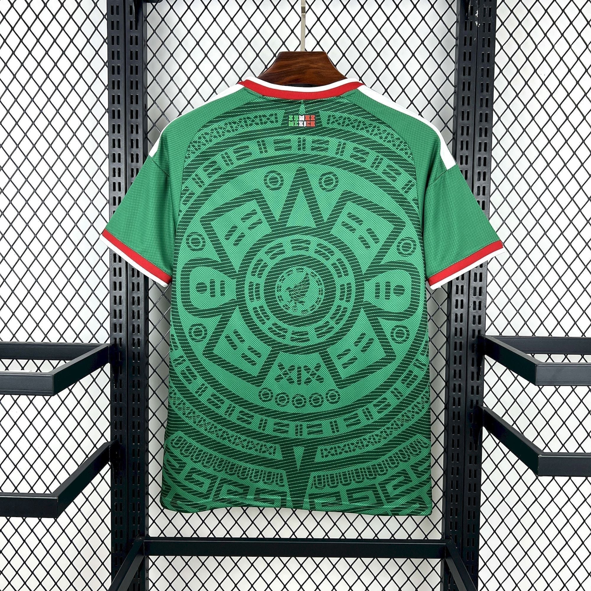 Leazofoot Mexico 2026 home jersey with Aztec calendar design in green and red trim.