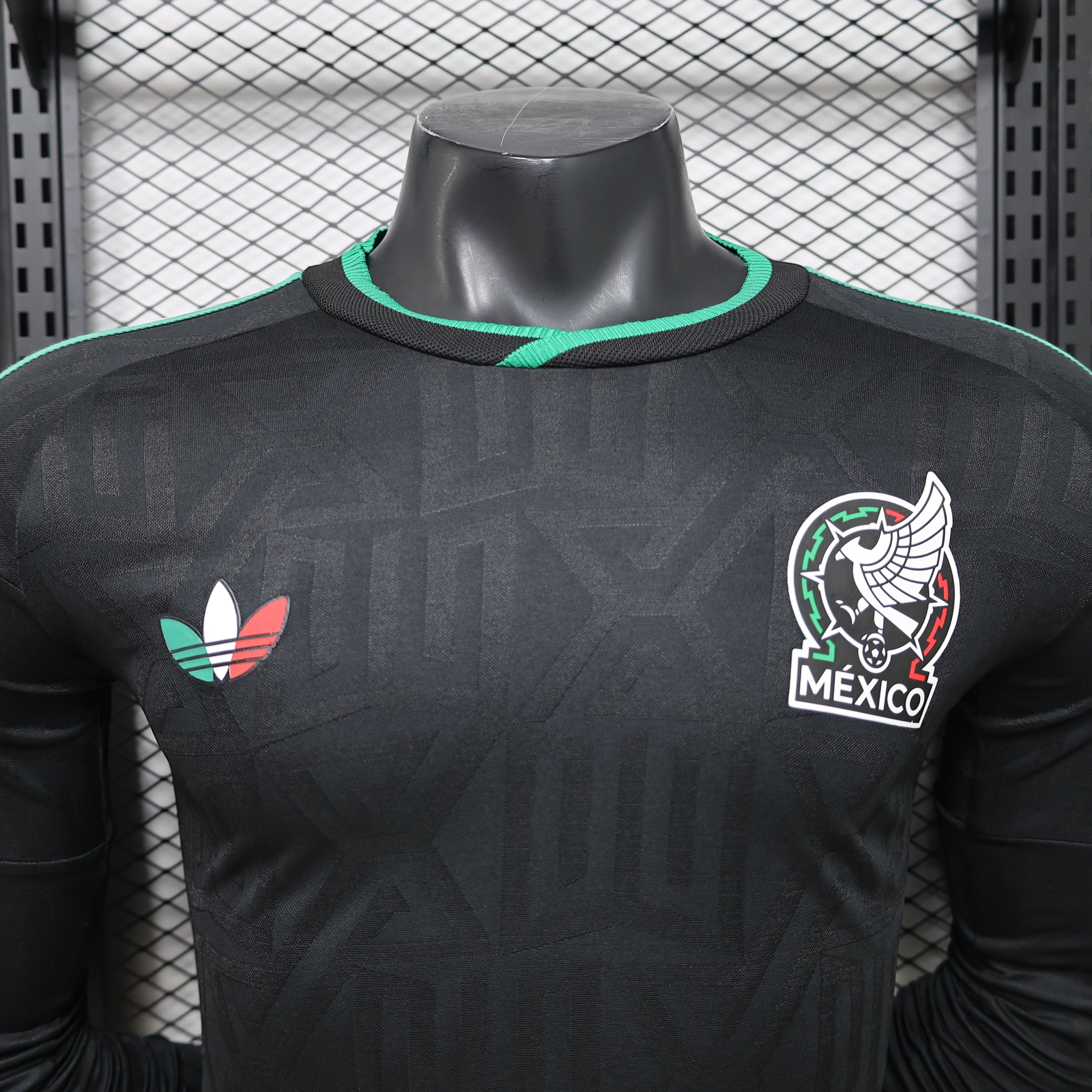 Leazofoot Mexico long sleeve goalkeeper football jersey with green trim and embroidered crest.