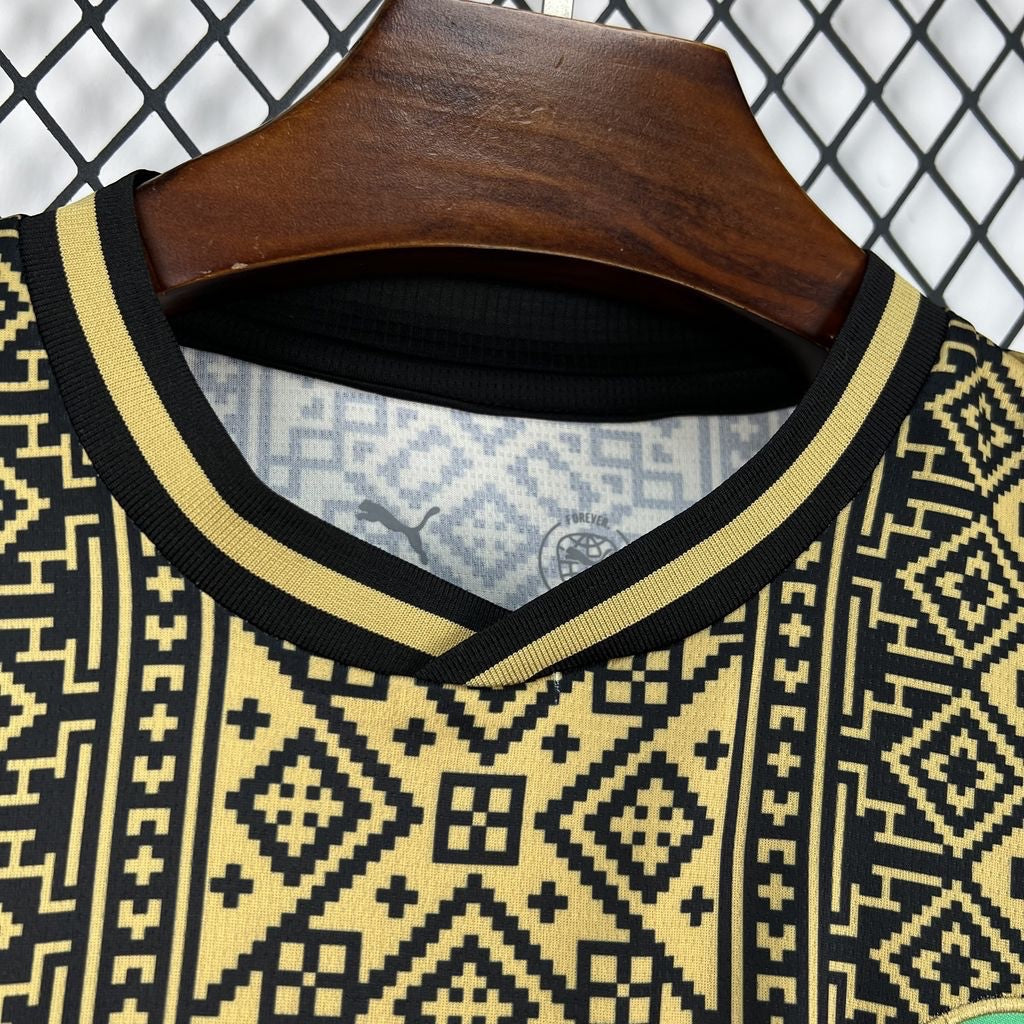 Leazofoot Morocco 2026 concept soccer jersey featuring a black and gold geometric pattern and ribbed crew neck collar.