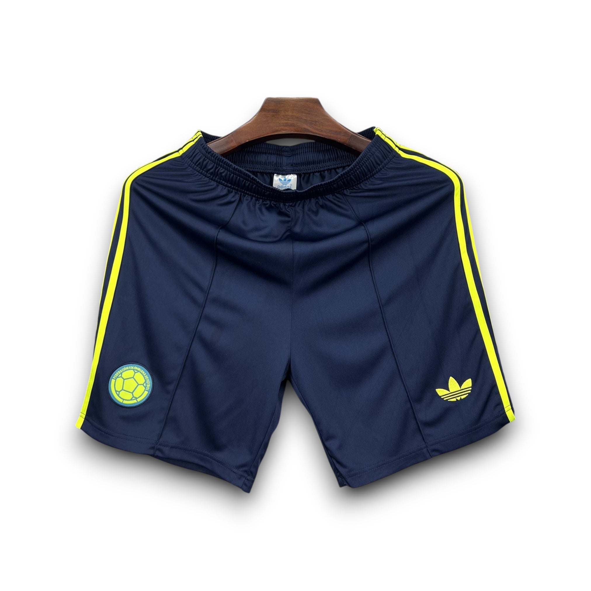Leazofoot navy blue soccer shorts with yellow stripes and Colombia crest
