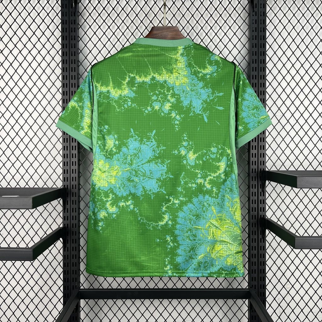 Leazofoot Netherlands 2026 goalkeeper jersey in green with a blue and yellow abstract fractal graphic print.
