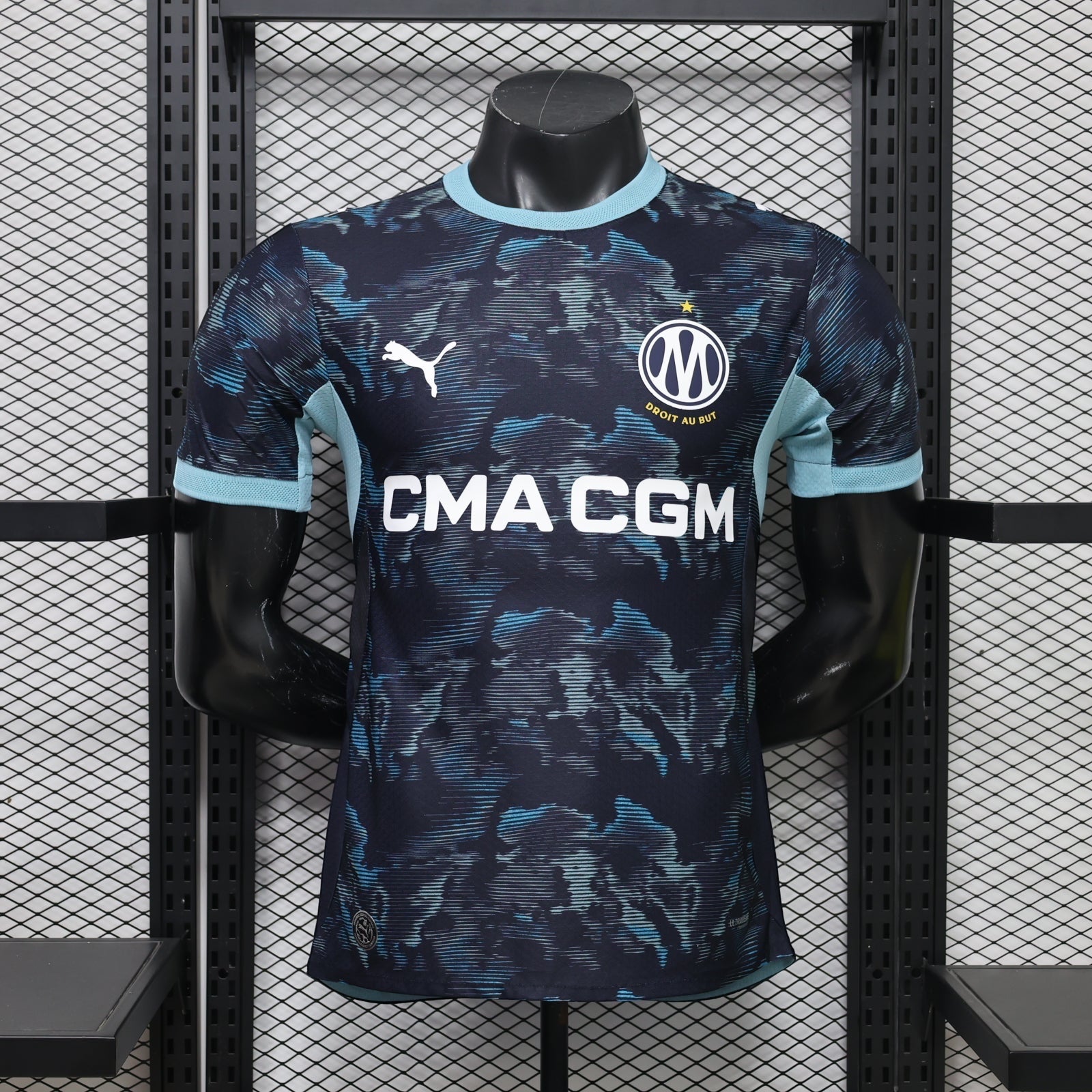 Leazofoot Olympique de Marseille 26/27 away football jersey in dark blue with light blue accents and graphic pattern