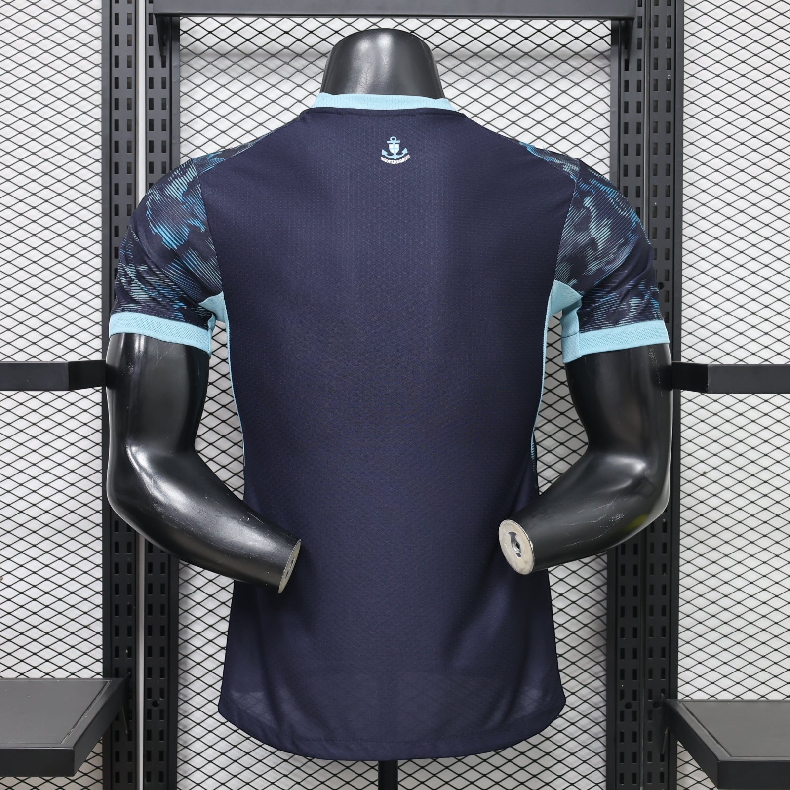 Back view of Leazofoot Olympique de Marseille 26/27 away jersey in navy blue with light blue sleeve details