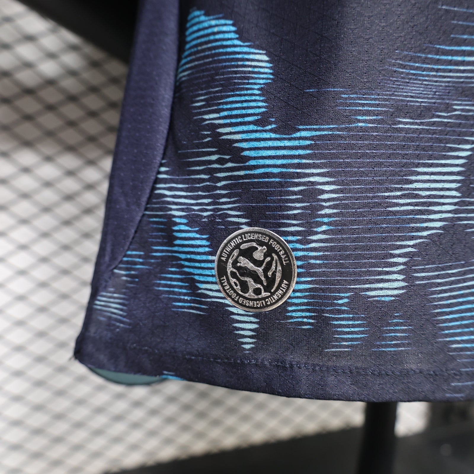 Leazofoot Olympique de Marseille 26/27 away jersey featuring a navy and light blue abstract pattern and authentic badge
