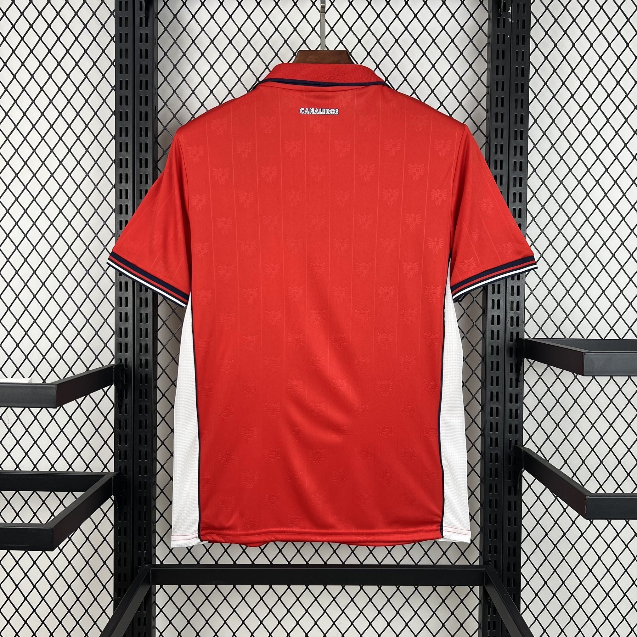Leazofoot PANAMA home jersey 2026, red with white side panels and striped collar and cuffs.