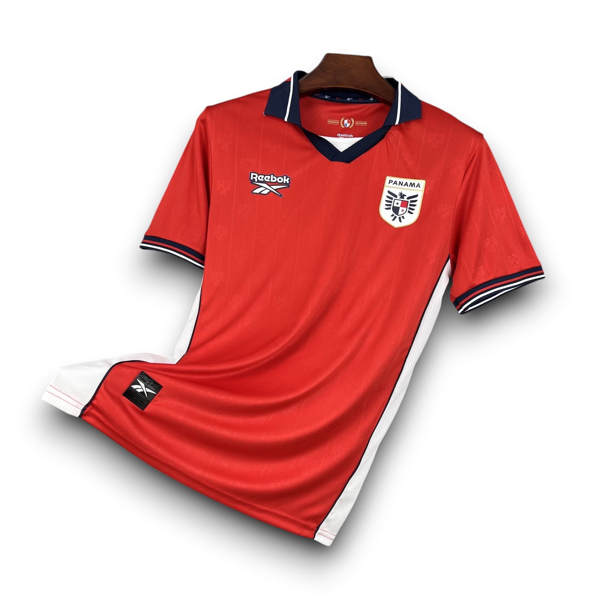 Leazofoot PANAMA 2026 home soccer jersey, red with white side panels and navy collar with white trim.